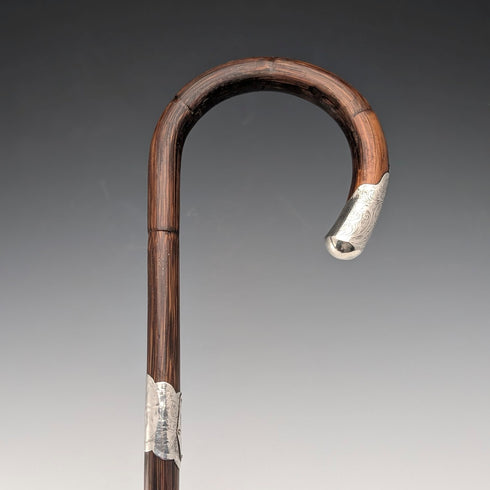 1910年 英国アンティーク ブラウンシャフト 曲がりハンドル 純銀装飾 軽量ステッキ 杖 90cm