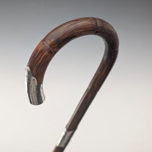 1910年 英国アンティーク ブラウンシャフト 曲がりハンドル 純銀装飾 軽量ステッキ 杖 90cm