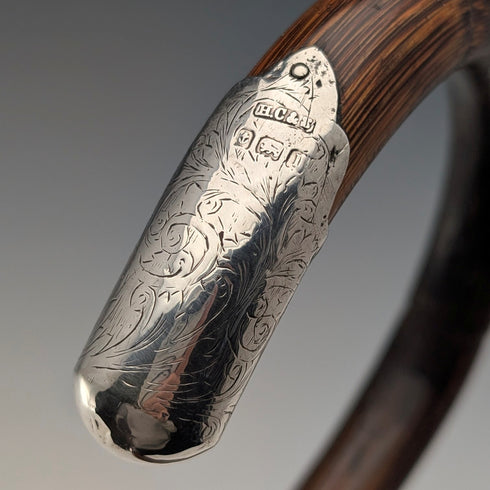 1910年 英国アンティーク ブラウンシャフト 曲がりハンドル 純銀装飾 軽量ステッキ 杖 90cm