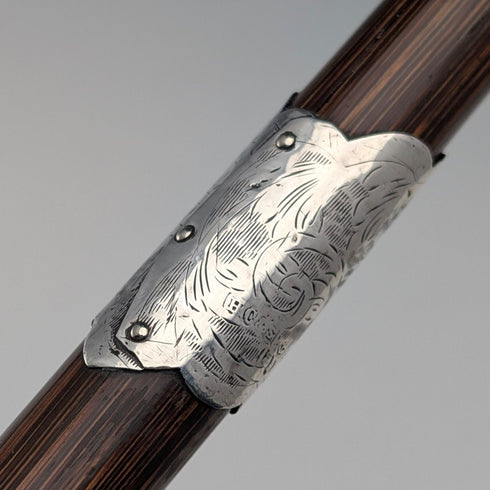 1910年 英国アンティーク ブラウンシャフト 曲がりハンドル 純銀装飾 軽量ステッキ 杖 90cm