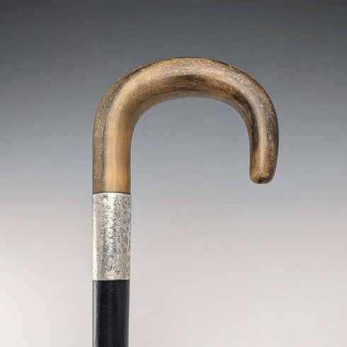 1927 British Antique Black Shaft Horn Handle Sterling Silver Walking Stick 84cm