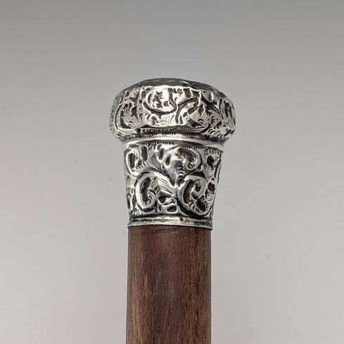 1909年 英国アンティーク ブラウンシャフト 彫刻純銀製 ロンデルハンドル ステッキ 杖 88cm