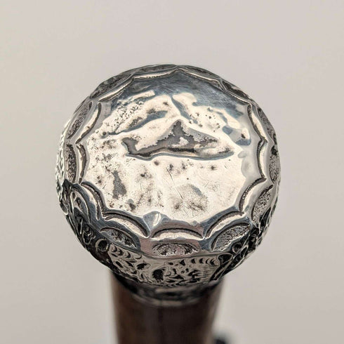 1909年 英国アンティーク ブラウンシャフト 彫刻純銀製 ロンデルハンドル ステッキ 杖 88cm