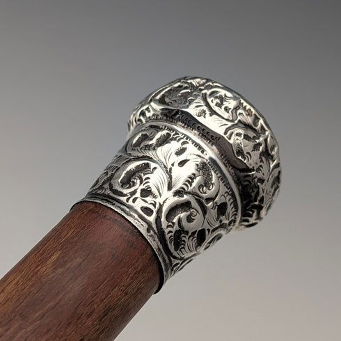 1909年 英国アンティーク ブラウンシャフト 彫刻純銀製 ロンデルハンドル ステッキ 杖 88cm