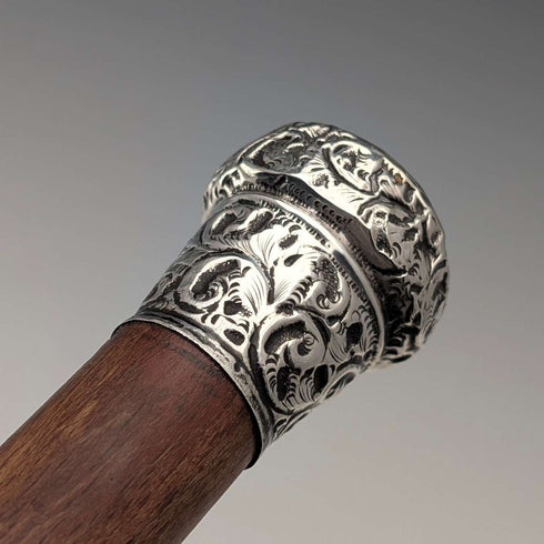 1909年 英国アンティーク ブラウンシャフト 彫刻純銀製 ロンデルハンドル ステッキ 杖 88cm