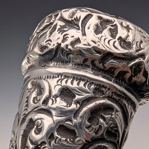 1909年 英国アンティーク ブラウンシャフト 彫刻純銀製 ロンデルハンドル ステッキ 杖 88cm