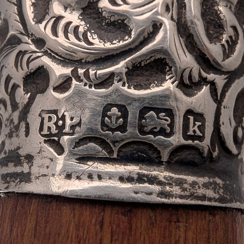 1909年 英国アンティーク ブラウンシャフト 彫刻純銀製 ロンデルハンドル ステッキ 杖 88cm