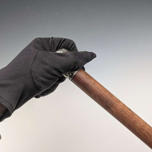 1909年 英国アンティーク ブラウンシャフト 彫刻純銀製 ロンデルハンドル ステッキ 杖 88cm