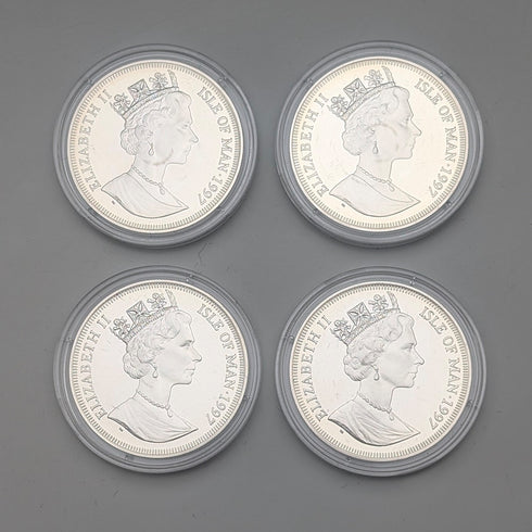 英國曼島銀克朗硬幣,貓歷史系列:一套4枚,PobjoyMint出品,帶盒子和說明書