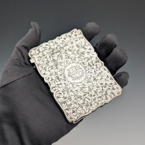 1896 British Antique Scroll-Decorated Sterling Silver Card Case, 55g, Frederick Marson
