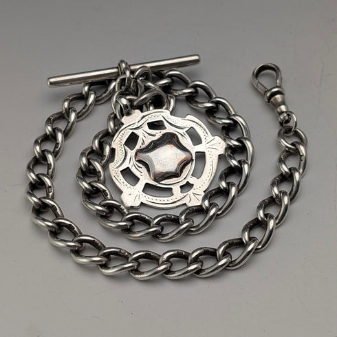 約1905年英國古董純銀阿爾伯特鏈,重54克,配純銀獎章吊墜