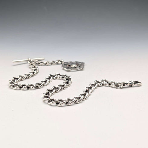 Circa 1905 British Vintage Sterling Silver Albert Chain, 54g, Sterling Silver Medal Fob