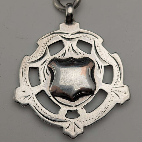 Circa 1905 British Vintage Sterling Silver Albert Chain, 54g, Sterling Silver Medal Fob