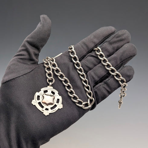 約1905年英國古董純銀阿爾伯特鏈,重54克,配純銀獎章吊墜