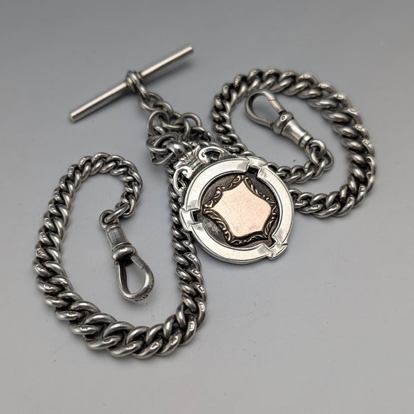 1920年 英国アンティーク 純銀製 ダブルアルバートチェーン 49g 純銀メダルフォブ