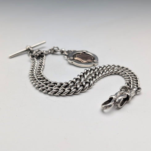 1920年 英国アンティーク 純銀製 ダブルアルバートチェーン 49g 純銀メダルフォブ