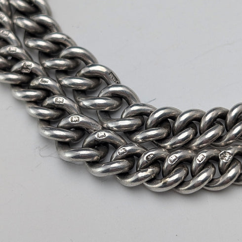 1920年 英国アンティーク 純銀製 ダブルアルバートチェーン 49g 純銀メダルフォブ