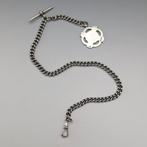 1930年頃 英国ヴィンテージ 純銀製アルバートチェーン 38g 純銀メダルフォブ