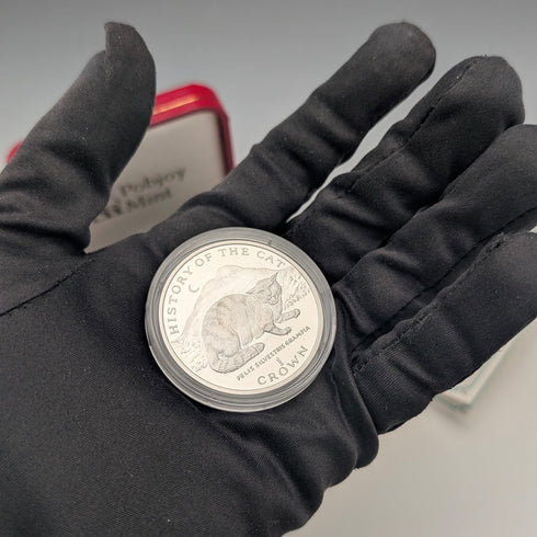 英國曼島銀質克朗硬幣“貓的歷史:歐洲野貓”,由PobjoyMint發行,附帶包裝盒和說明書