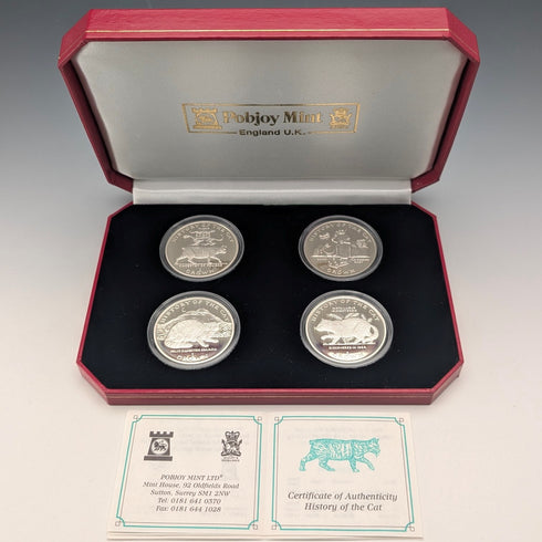 英國曼島銀克朗硬幣,貓歷史系列:一套4枚,PobjoyMint出品,帶盒子和說明書