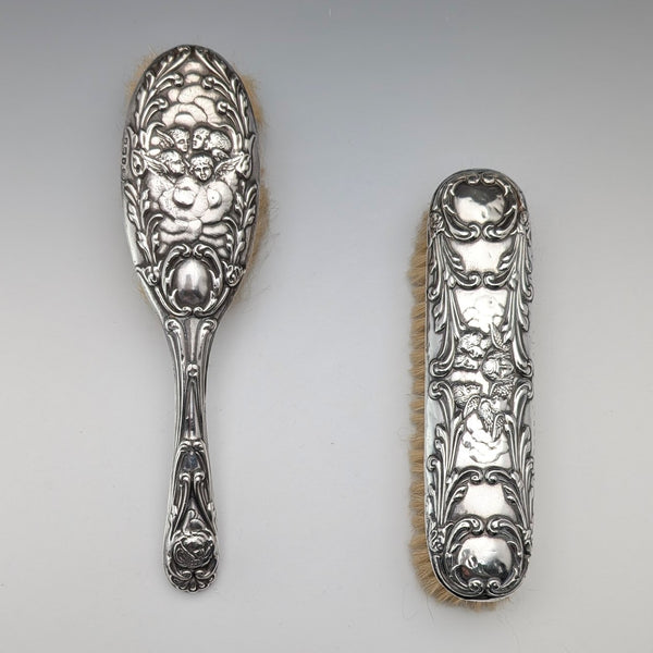 1909 British Antique Sterling Silver Decorative Handle Dressing Brush Set by Levi & Salaman