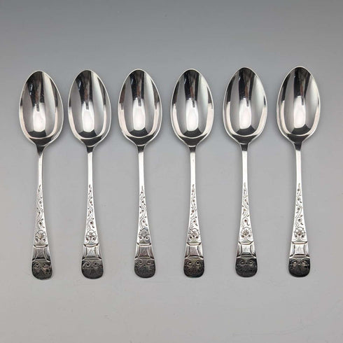 1893 British Antique Sterling Silver Teaspoons, Set of 6, 90g, John Round & Son, in Case