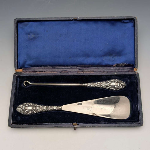1903 British Antique Sterling Silver Shoehorn with Button Hook, WJ Myatt & Co.