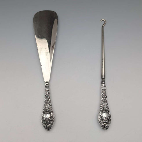 1903 British Antique Sterling Silver Shoehorn with Button Hook, WJ Myatt & Co.