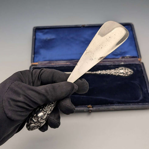 1903 British Antique Sterling Silver Shoehorn with Button Hook, WJ Myatt & Co.