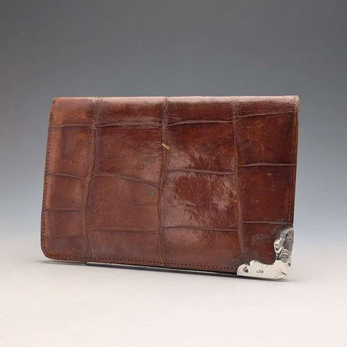 1908 British Antique Sterling Silver Brown Leather Bifold Wallet by Charles Penny Brown