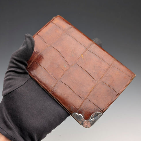1908 British Antique Sterling Silver Brown Leather Bifold Wallet by Charles Penny Brown