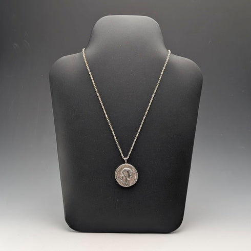 British Vintage Sterling Silver Ancient Roman Coin Replica Pendant with Sterling Silver Necklace, 28g Total