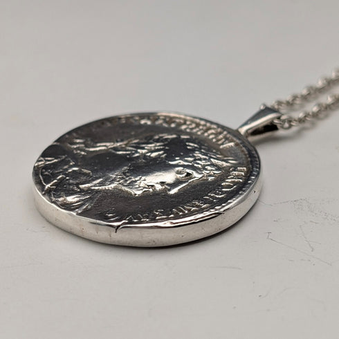 British Vintage Sterling Silver Ancient Roman Coin Replica Pendant with Sterling Silver Necklace, 28g Total