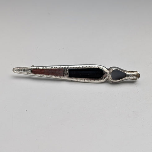 Antique British sterling silver brooch with three colored stones and a Scottish dark finish.