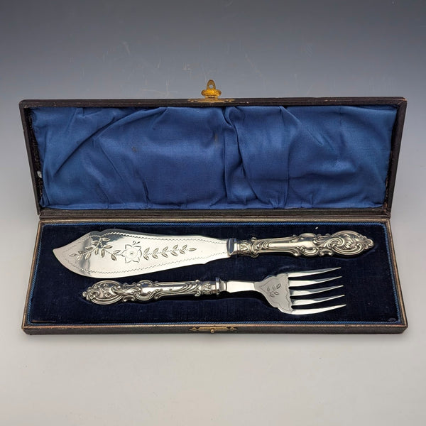 Antique British silver plate fish server set in case