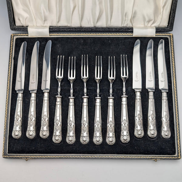 1969 British Vintage Sterling Silver Handle Tea Cutlery, 6 Pairs, John Lodge, in Case
