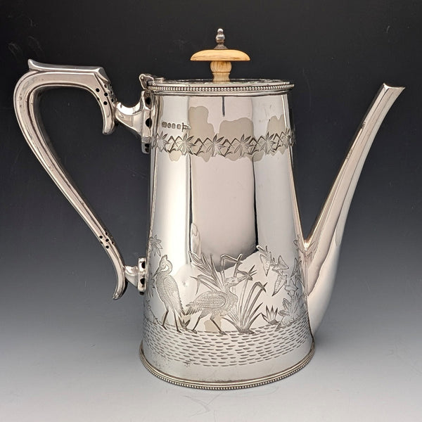 Circa 1903 British Antique Japonism Style Silver Plate Coffee Pot, Walker & Hall