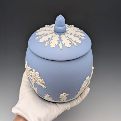 British Vintage Wedgwood Biscuit Barrel Jasperware in Pale Blue