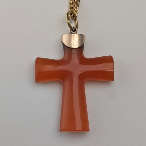 Antique orange amber cross pendant with necklace chain