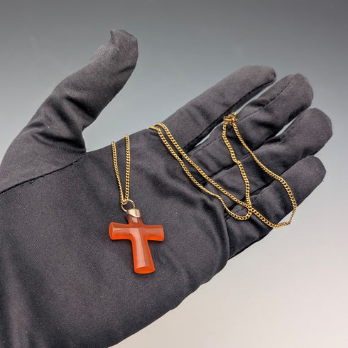 Antique orange amber cross pendant with necklace chain