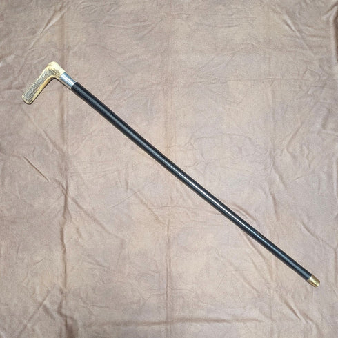 Antique black shaft, sterling silver embellishment, antler L-handle walking stick, 86cm