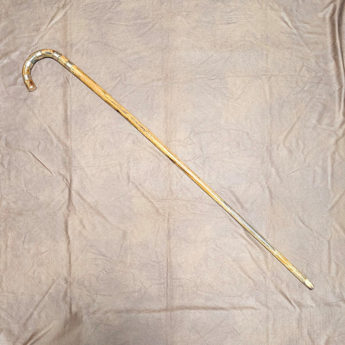 Vintage brown shaft, curved handle, nickel band embellishment, walking stick, 94cm