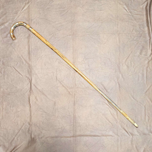 Vintage brown shaft, curved handle, nickel band embellishment, walking stick, 94cm