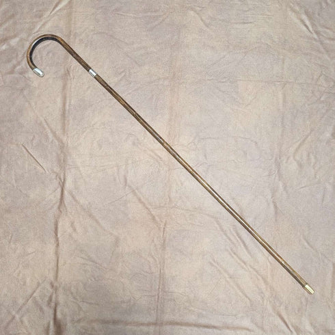 1919 British Antique Brown Shaft, Curved Handle, Pure Silver Decorated Lightweight Walking Stick, 91cm