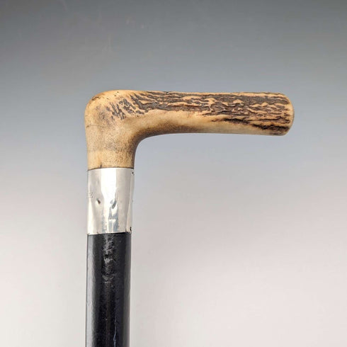 Antique black shaft, sterling silver embellishment, antler L-handle walking stick, 86cm