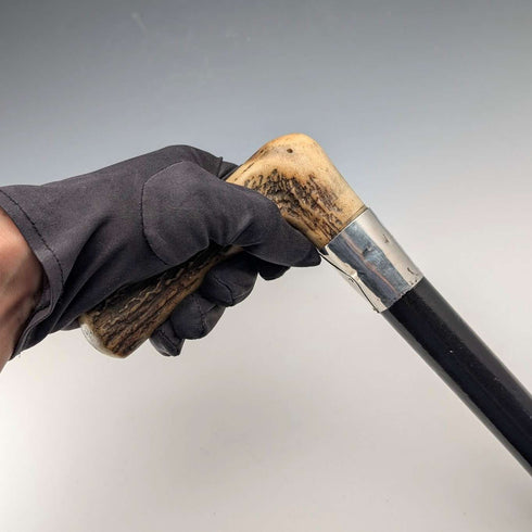 Antique black shaft, sterling silver embellishment, antler L-handle walking stick, 86cm