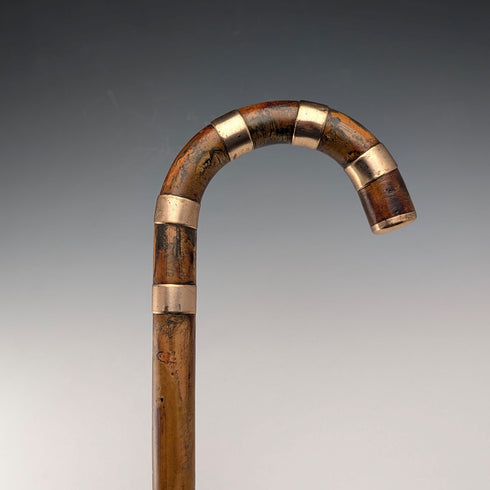 Vintage brown shaft, curved handle, nickel band embellishment, walking stick, 94cm