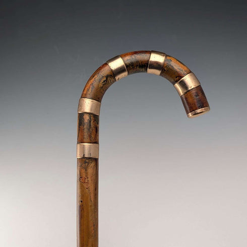 Vintage brown shaft, curved handle, nickel band embellishment, walking stick, 94cm