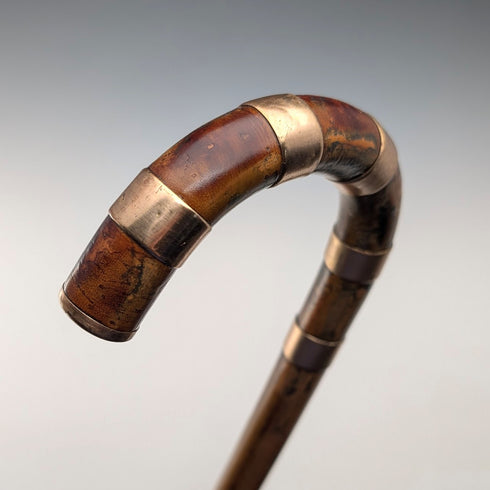 Vintage brown shaft, curved handle, nickel band embellishment, walking stick, 94cm