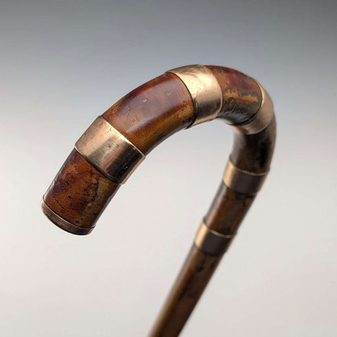 Vintage brown shaft, curved handle, nickel band embellishment, walking stick, 94cm